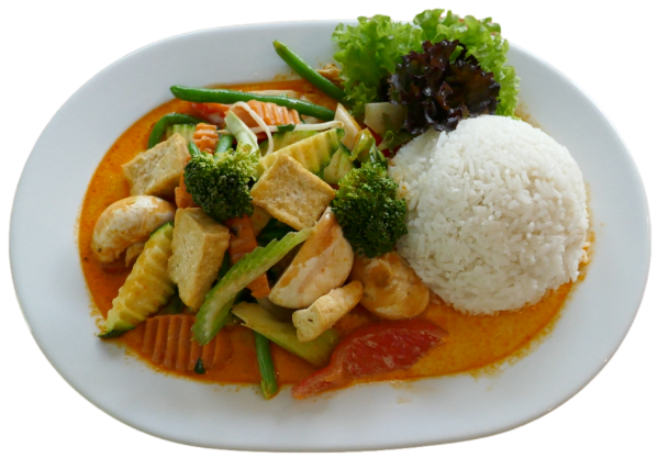 Bio-Tofu mit würziger Chili-Kokosmilch und Erdnussauce (vegetarisch)